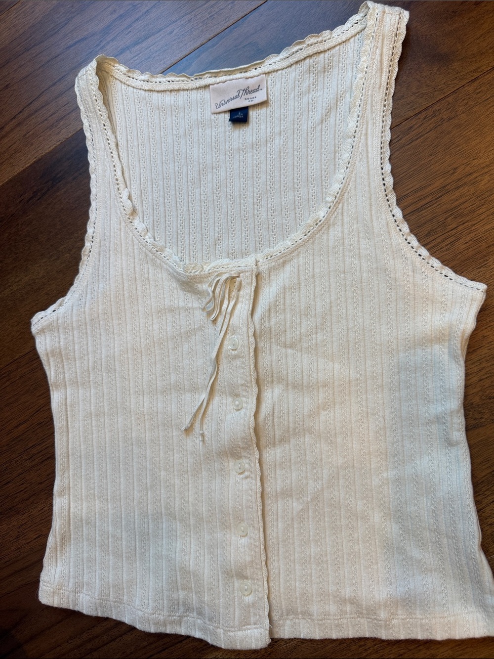 Cream Ribbed Button-Front Tank with Lace Trim